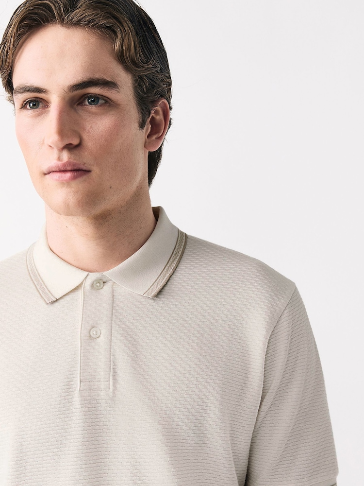 White Tipped Short Sleeve Textured Quarter Zip Polo Shirts - Image 1 of 8 White Tipped Short Sleeve Textured Quarter Zip Polo Shirts - Image 1 of 8