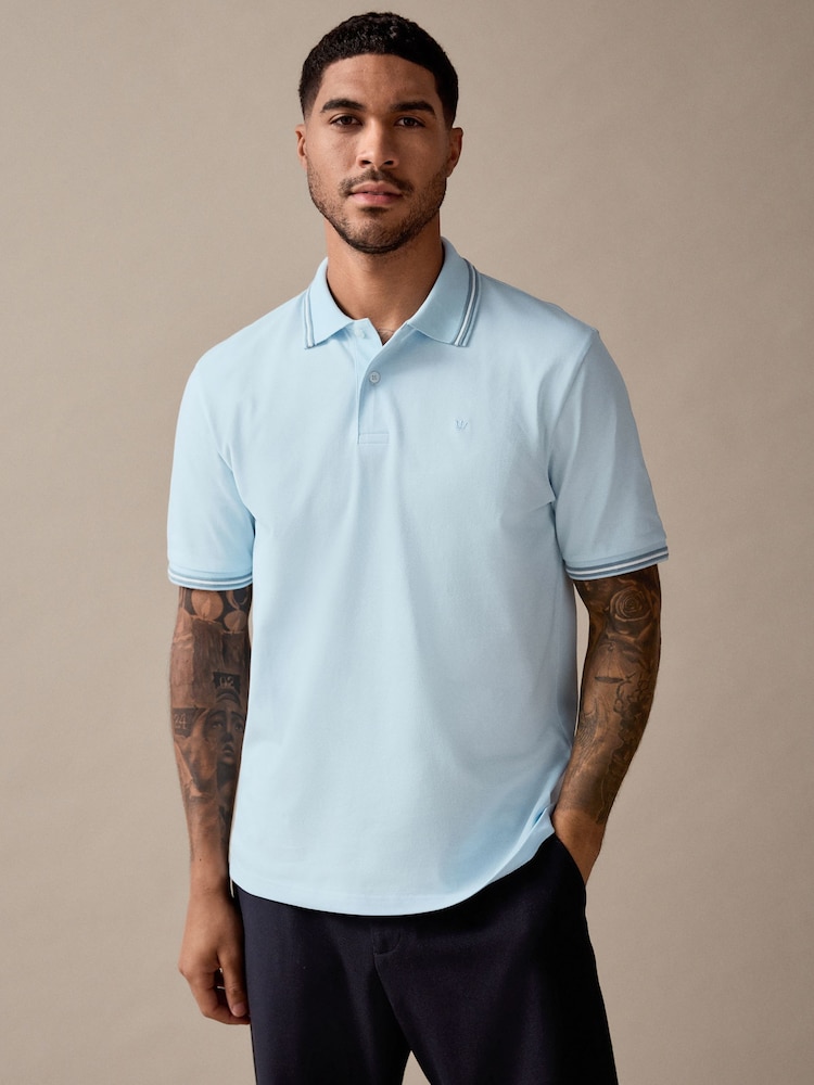 Light Blue Ottoman Regular Fit Short Sleeve Tipped Polo Shirt - Image 3 of 9