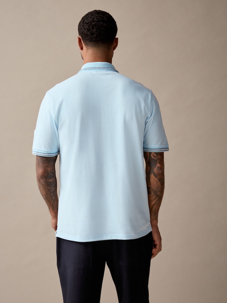 Light Blue Ottoman Regular Fit Short Sleeve Tipped Polo Shirt - Image 4 of 9