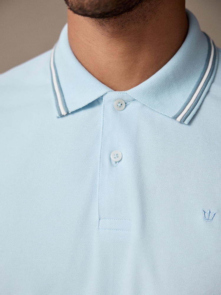 Light Blue Ottoman Regular Fit Short Sleeve Tipped Polo Shirt - Image 5 of 9