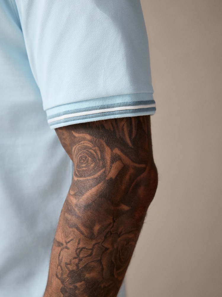 Light Blue Ottoman Regular Fit Short Sleeve Tipped Polo Shirt - Image 6 of 9