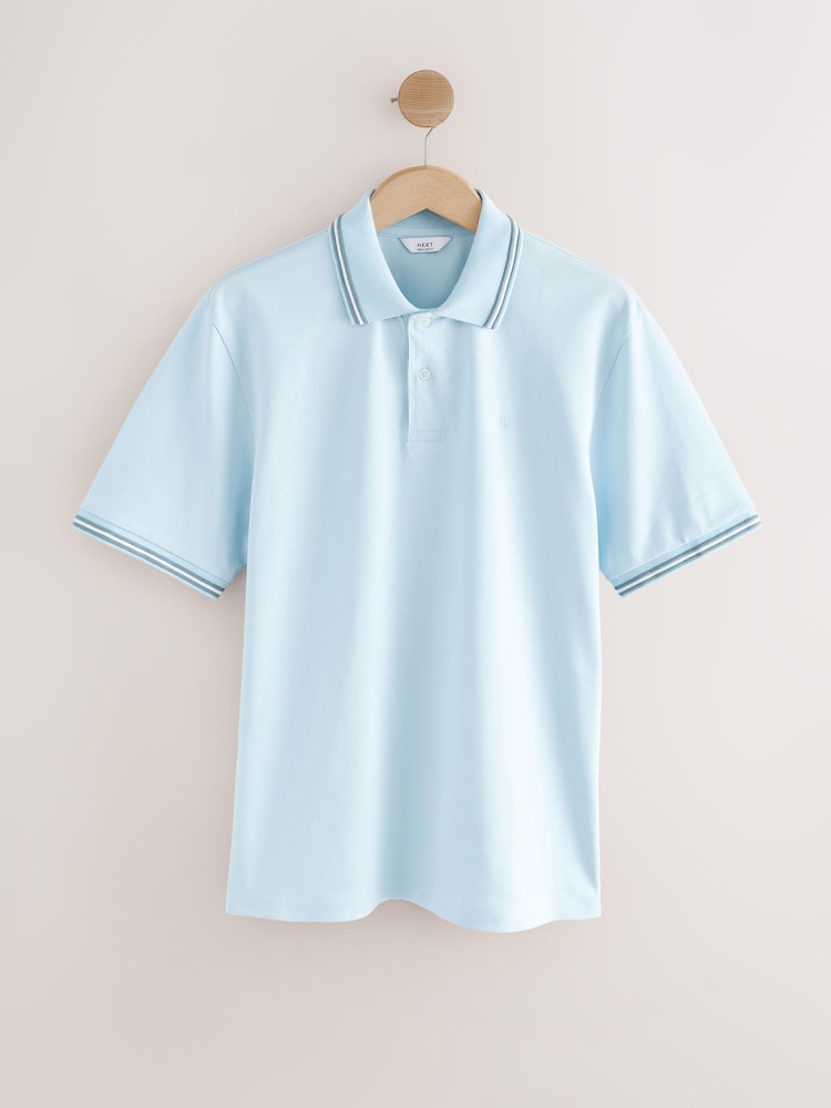 Light Blue Ottoman Regular Fit Short Sleeve Tipped Polo Shirt - Image 7 of 9