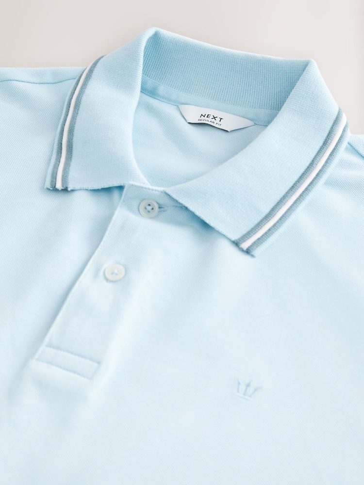 Light Blue Ottoman Regular Fit Short Sleeve Tipped Polo Shirt - Image 8 of 9