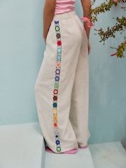 Natural Wide Leg Trousers With Linen and Crochet Trim - Image 3 of 9