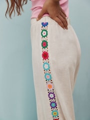 Natural Wide Leg Trousers With Linen and Crochet Trim - Image 5 of 9