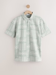 Grün - Pattern Button Neck Polo Shirt - Image 7 of 9