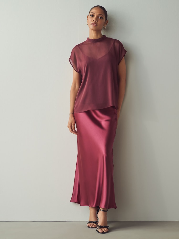 Burgundy Red Sheer Layer Cap Sleeve Top - Image 2 of 6