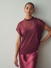 Burgundy Red Sheer Layer Cap Sleeve Top - Image 4 of 6