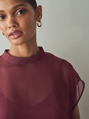 Burgundy Red Sheer Layer Cap Sleeve Top - Image 5 of 6