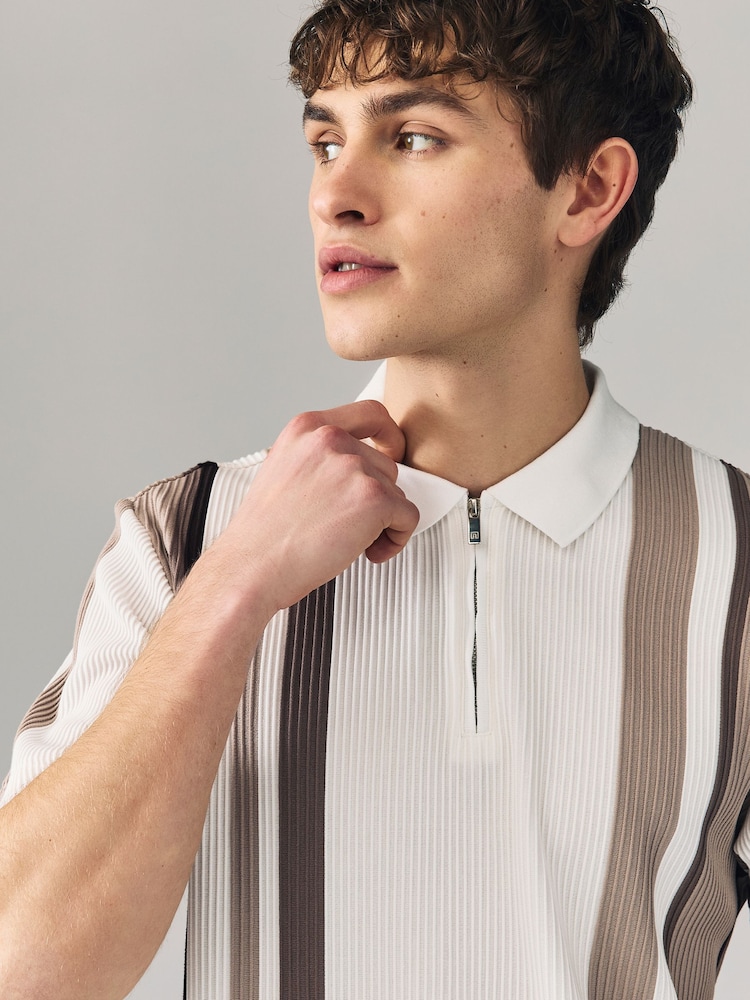 Buy Neutral/White Vertical Stripe Quarter Zip Polo Shirt from the