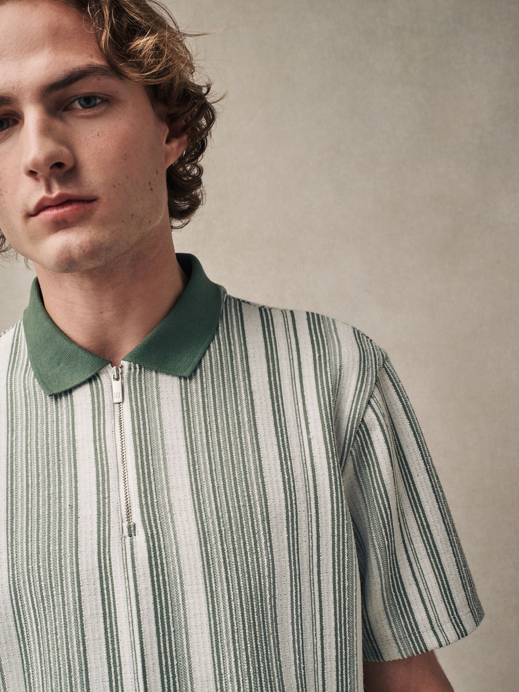 Buy Sage Green Vertical Stripe Quarter Zip Polo Shirt from
