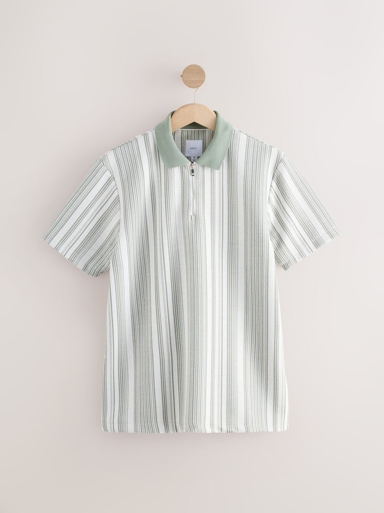 Sage Grün - Poloshirt mit vertikalen Streifen und Viertelreißverschluss - Image 5 of 7