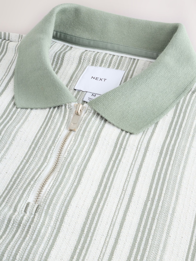 Sage Grün - Poloshirt mit vertikalen Streifen und Viertelreißverschluss - Image 7 of 7