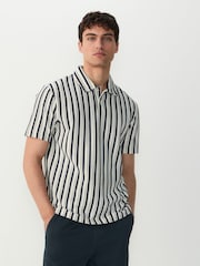 Navy Blue/Ecru Vertical Stripe Textured Polo Shirt - Image 1 of 7