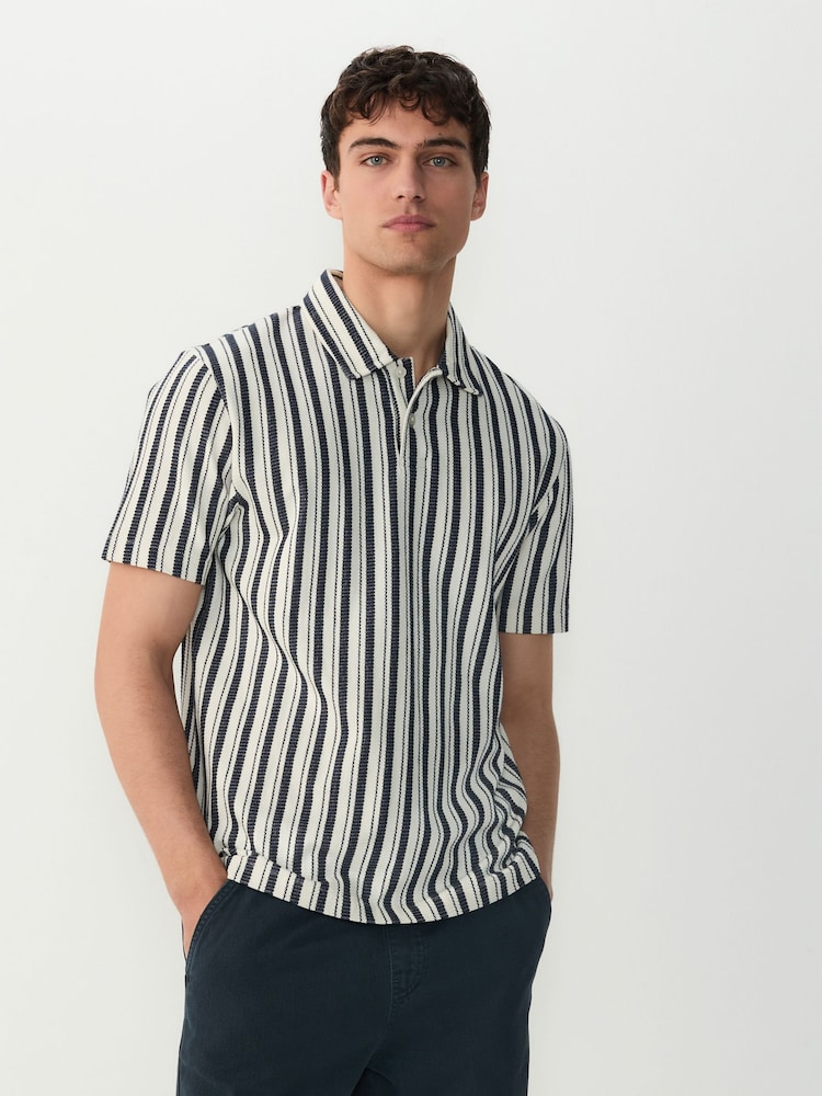 Navy Blue/Ecru Vertical Stripe Textured Polo Shirt - Image 1 of 7