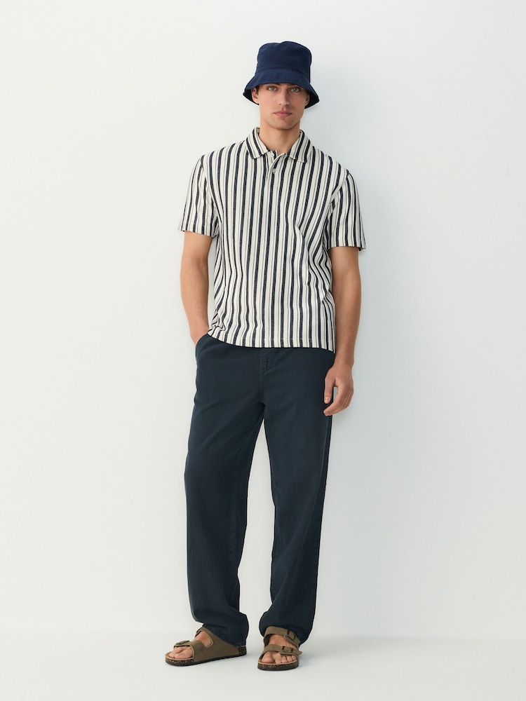 Navy Blue/Ecru Vertical Stripe Textured Polo Shirt - Image 2 of 7