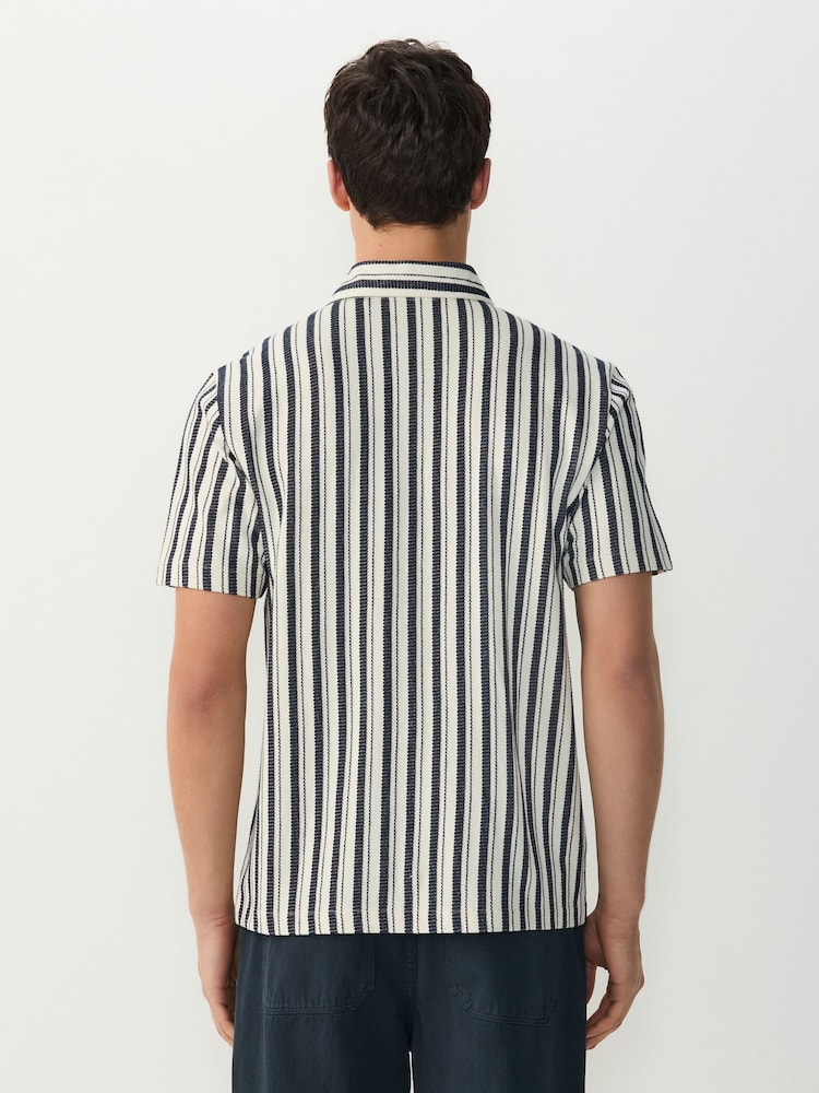 Navy Blue/Ecru - Vertical Stripe Textured Polo Shirt - Image 3 of 7