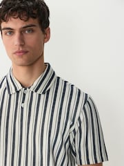 Navy Blue/Ecru Vertical Stripe Textured Polo Shirt - Image 4 of 7