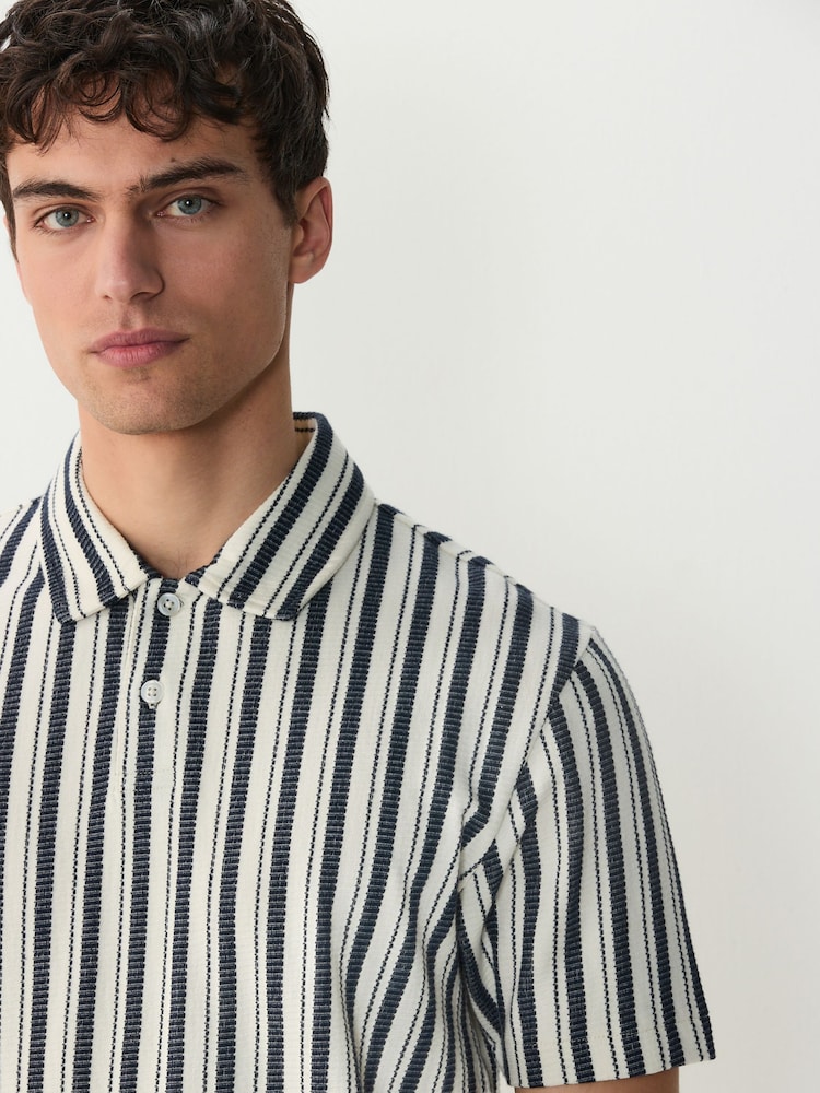 Navy Blue/Ecru - Vertical Stripe Textured Polo Shirt - Image 4 of 7