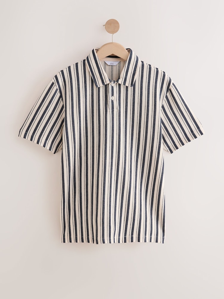 Navy Blue/Ecru - Vertical Stripe Textured Polo Shirt - Image 5 of 7