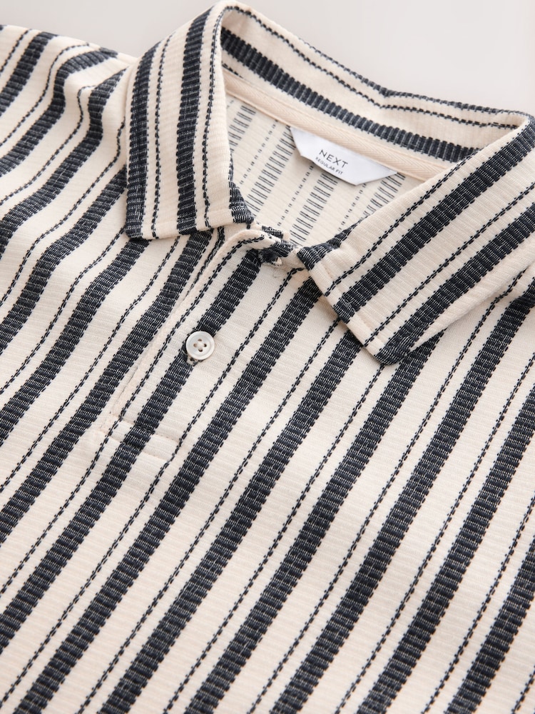 Navy Blue/Ecru - Vertical Stripe Textured Polo Shirt - Image 6 of 7