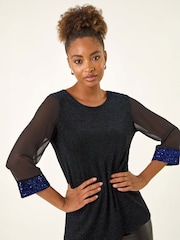 Roman Blue Brillo Sequin Cuff Top - Image 1 of 4