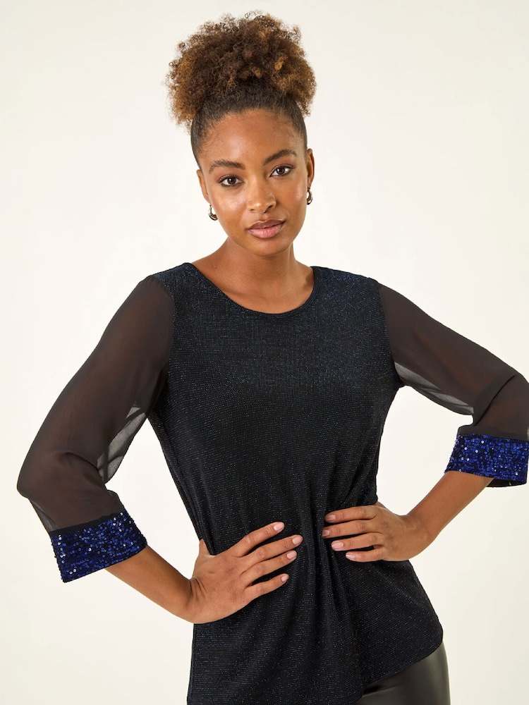 Roman Blue Brillo Sequin Cuff Top - Image 1 of 4 Roman Blue Brillo Sequin Cuff Top - Image 1 of 4