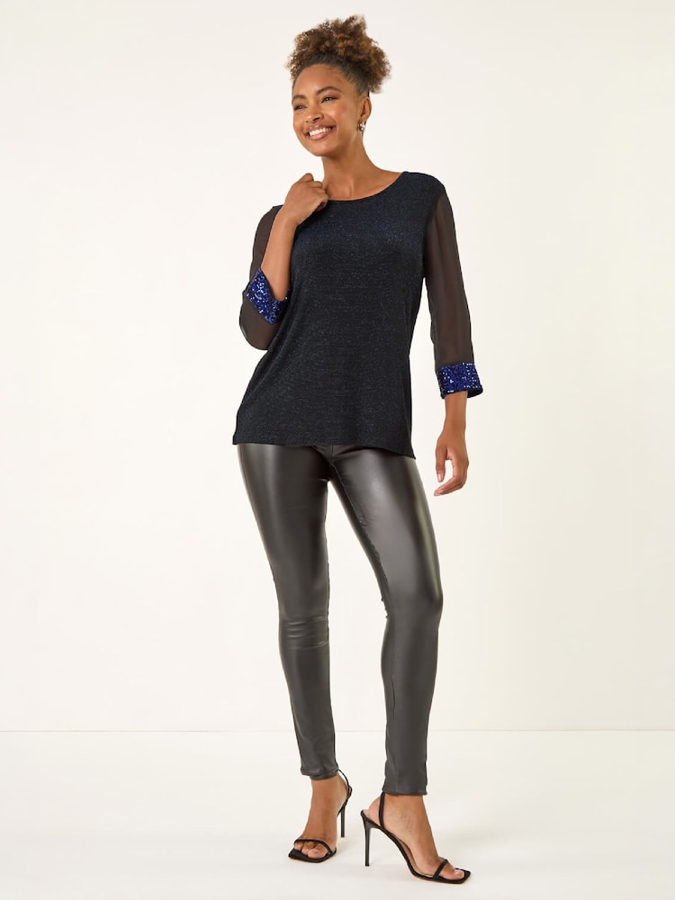 Roman Blue Brillo Sequin Cuff Top - Image 2 of 4 Roman Blue Brillo Sequin Cuff Top - Image 2 of 4