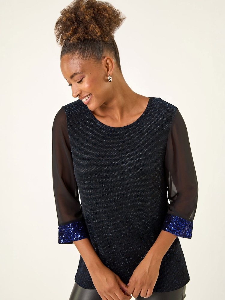 Roman Blue Brillo Sequin Cuff Top - Image 4 of 4 Roman Blue Brillo Sequin Cuff Top - Image 4 of 4