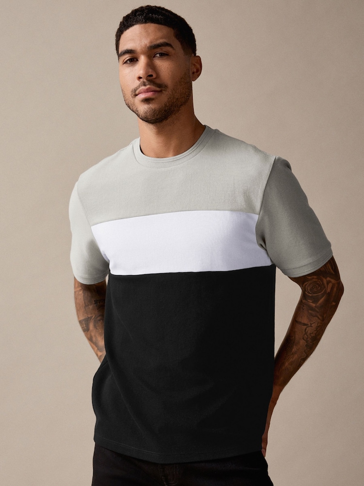 Black/Grey Textured Colour Block T-Shirt - Image 1 of 8