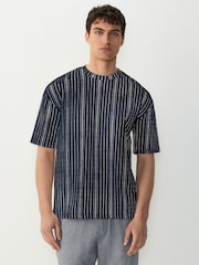 Navy Blue Textured Vertical Stripe T-Shirt - Image 1 of 7