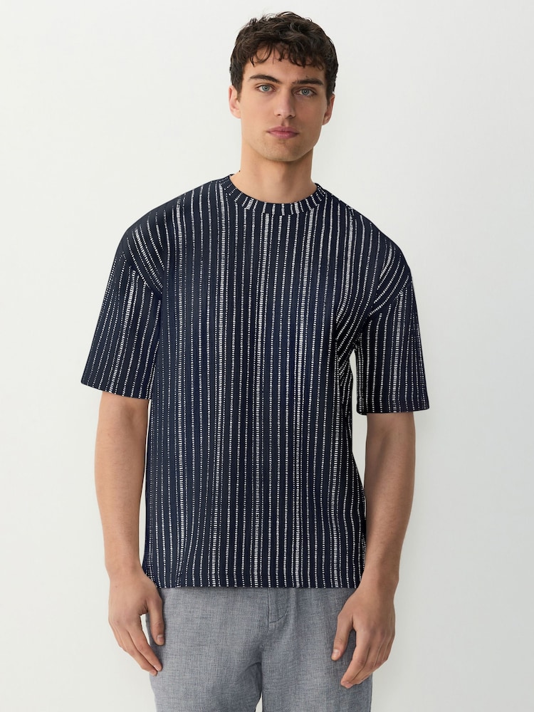 Navy Blue Textured Vertical Stripe T-Shirt - Image 1 of 7