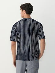 Navy Blue Textured Vertical Stripe T-Shirt - Image 3 of 7
