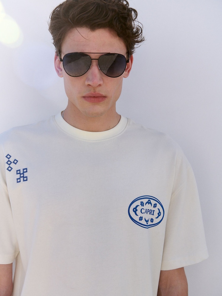 Ecru Placement Floral Print T-Shirt - Image 1 of 7 Ecru Placement Floral Print T-Shirt - Image 1 of 7