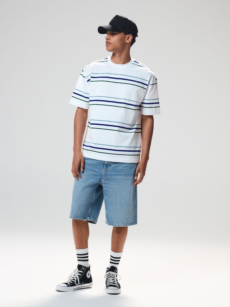 White Relaxed Fit Stripe Heavyweight 100% Cotton T-Shirt - Image 2 of 8