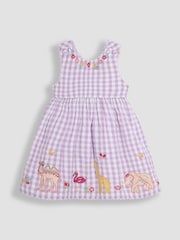 JoJo Maman Bébé Lilac Purple Safari Animals Appliqué Seersucker Cross-Back Dress - Image 1 of 3