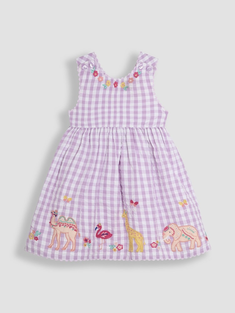 JoJo Maman Bébé Lilac Purple Safari Animals Appliqué Seersucker Cross-Back Dress - Image 1 of 3