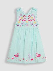 JoJo Maman Bébé Mint Green Flamingo Appliqué Seersucker Cross Back Dress - Image 1 of 3