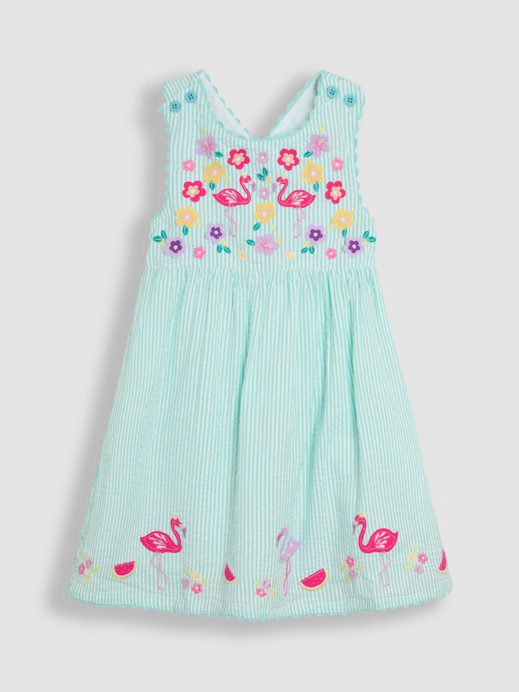 JoJo Maman Bébé Mint Green Flamingo Appliqué Seersucker Cross Back Dress - Image 1 of 3