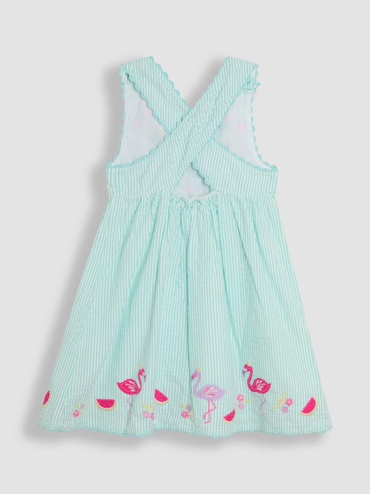 JoJo Maman Bébé Mint Green Flamingo Appliqué Seersucker Cross Back Dress - Image 2 of 3