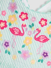 JoJo Maman Bébé Mint Green Flamingo Appliqué Seersucker Cross Back Dress - Image 3 of 3