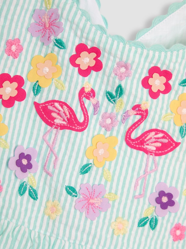 JoJo Maman Bébé Mint Green Flamingo Appliqué Seersucker Cross Back Dress - Image 3 of 3 JoJo Maman Bébé Mint Green Flamingo Appliqué Seersucker Cross Back Dress - Image 3 of 3