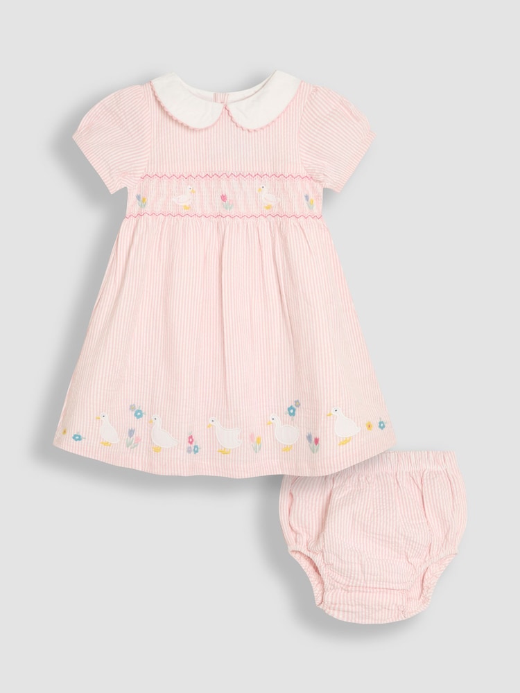JoJo Maman Bébé Pink Duck Seersucker Appliqué Smocked Dress - Image 1 of 6