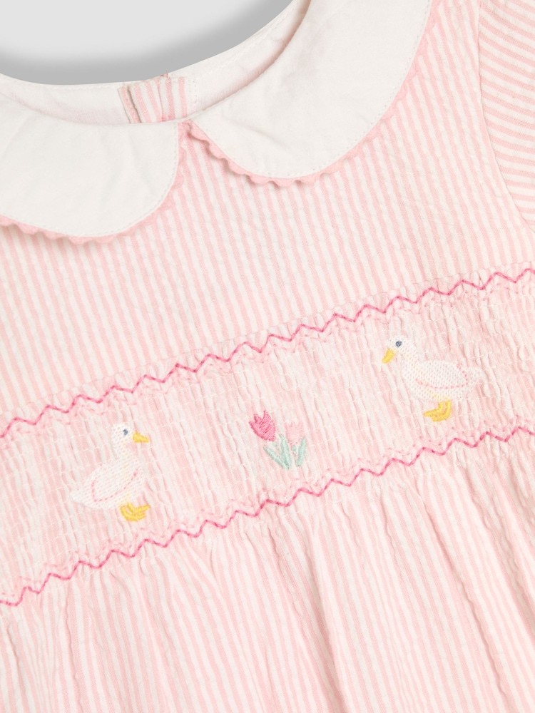 JoJo Maman Bébé Pink Duck Seersucker Appliqué Smocked Dress - Image 5 of 6