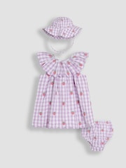 JoJo Maman Bébé Lilac Strawberry Embroidered 3-Piece Scallop Baby Dress, Knicker & Hat Set - Image 1 of 7