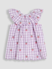 JoJo Maman Bébé Lilac Strawberry Embroidered 3-Piece Scallop Baby Dress, Knicker & Hat Set - Image 2 of 7
