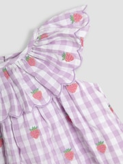 JoJo Maman Bébé Lilac Strawberry Embroidered 3-Piece Scallop Baby Dress, Knicker & Hat Set - Image 7 of 7