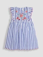 JoJo Maman Bébé Blue Floral Embroidered Appliqué Seersucker Summer Dress - Image 1 of 3