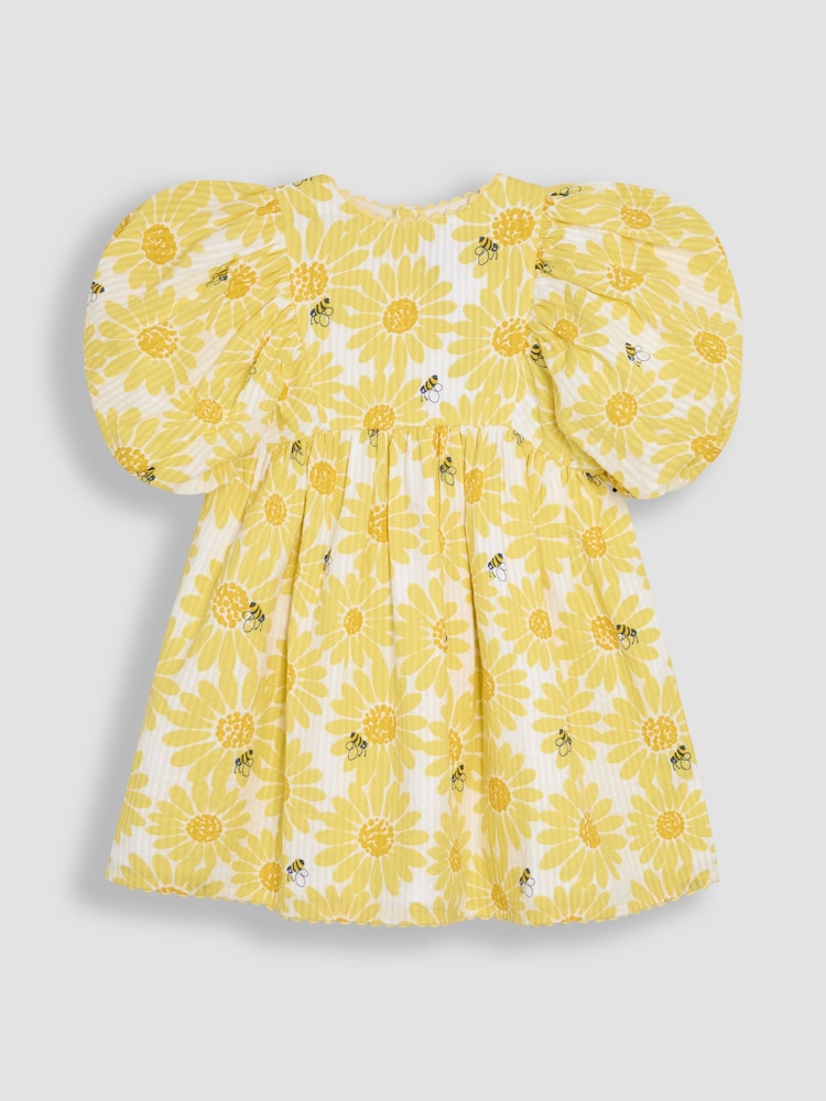 Gelber Seersucker mit Sonnenblumen-Print - JoJo Maman Bébé Puff Sleeve Dress - Image 1 of 3