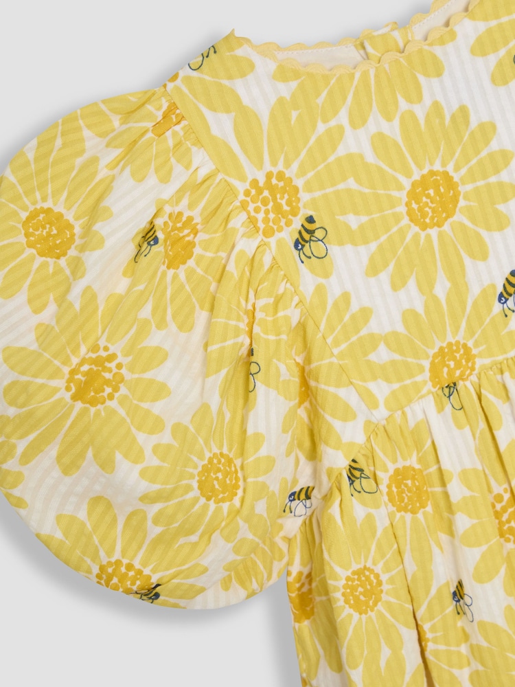 Gelber Seersucker mit Sonnenblumen-Print - JoJo Maman Bébé Puff Sleeve Dress - Image 3 of 3